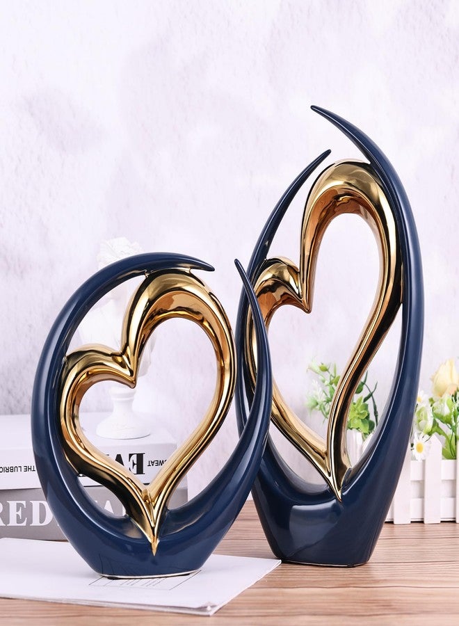 oliruim Ceramic Heart Decor Love Statue, Navy Blue Gold Double Hearts Sculptures for Home Table Centerpiece Decor, Valentine, Wedding, Decorative Items for Shelves, Coffee Table Decor (Hug Heart-Round) - Image 4